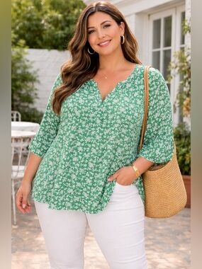 JNY Jones New York Green Floral Blouse 3X Boho Peasant Top Lightweight Summer